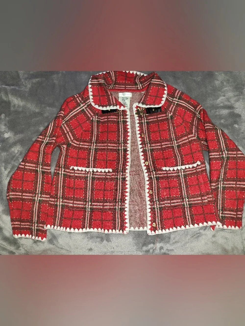 Max Studio Red Plaid Knit Skirt and Jacket Set with White Trim With Bow